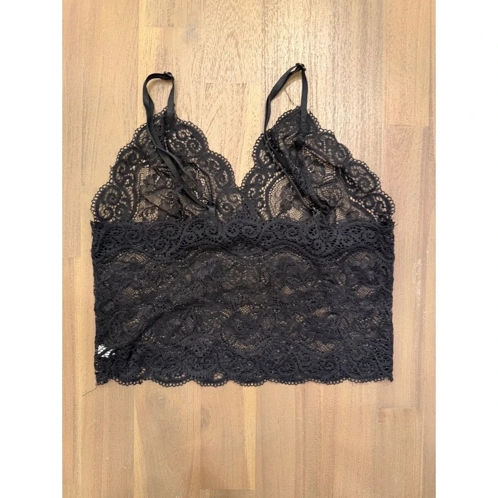 Black Floral Lace Bralette Adjustable Straps Sheer‎ Longline Crop Top Small